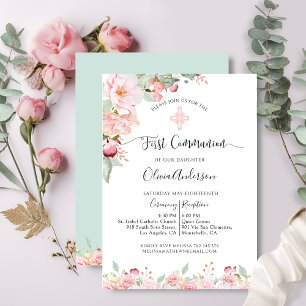 Elegant First Communion Ro Guld, Mint Blommigt Inbjudningar