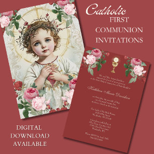 Elegant First Communion Rosa Red Blommigt Jesus Inbjudningar