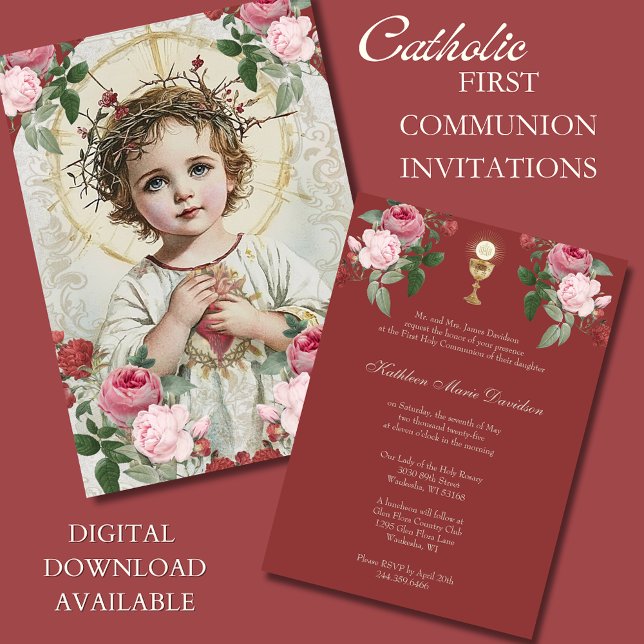Elegant First Communion Rosa Red Blommigt Jesus Inbjudningar (Skapare uppladdad)