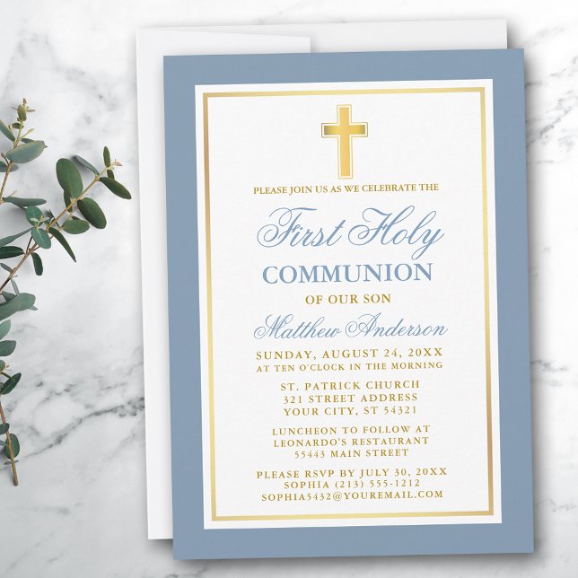 Elegant First Heliga Communion Dusty Blue Guld Inbjudningar (Customize to change text size, color or text style.)
