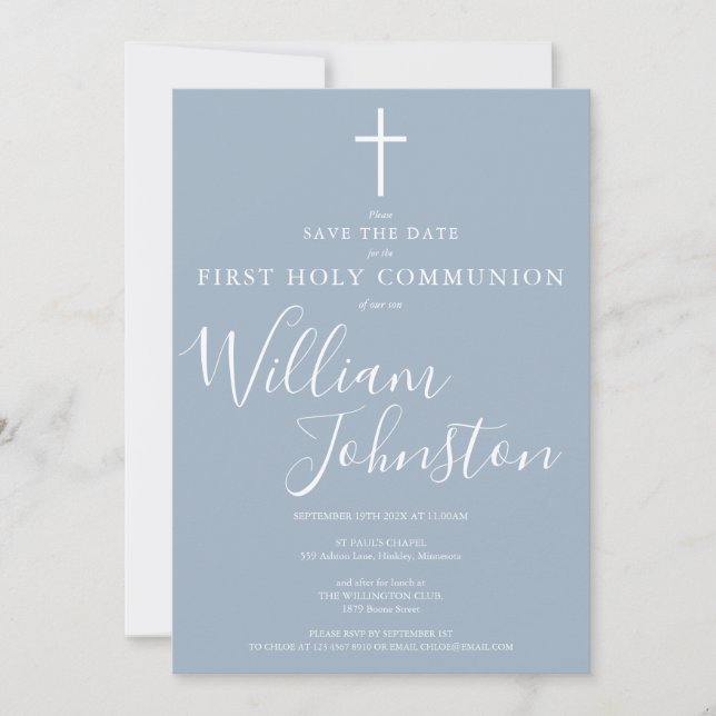Elegant First Heliga Communion Dusty Blue Spara Datumet (Framsida)
