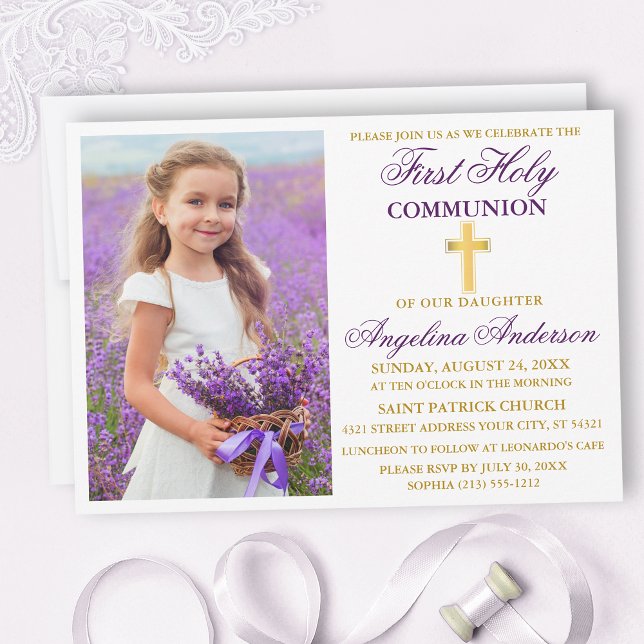 Elegant First Heliga Communion Lila Guld Photo Inbjudningar (Skapare uppladdad)