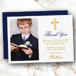 Elegant First Heliga Communion Photo Guld Blue Tack Kort<br><div class="desc">Tack för ditt kort med Guld Kor i elegant Första Heligan. Fotofronten. Blått skript.</div>