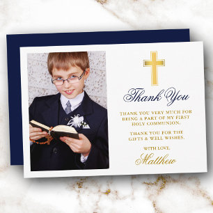 Elegant First Heliga Communion Photo Guld Blue Tack Kort