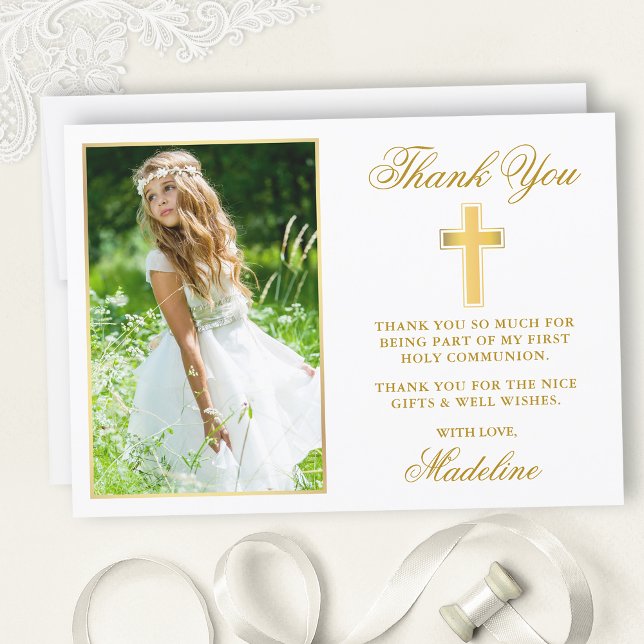 Elegant First Heliga Communion Photo Guld Ram Tack Kort (Customize to add text or more photos to back of card.)
