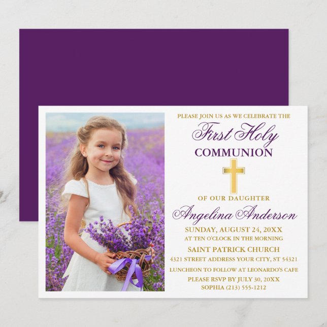 Elegant First Heliga Communion Photo Lila Guld Inbjudningar (Fram/baksida)