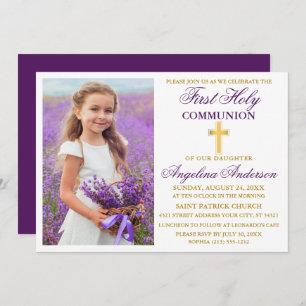 Elegant First Heliga Communion Photo Lila Guld Inbjudningar