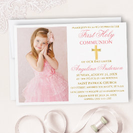 Elegant First Heliga Communion Photo Rosa and Guld Inbjudningar