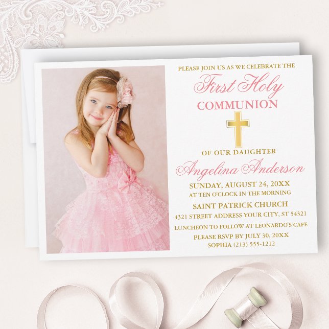 Elegant First Heliga Communion Photo Rosa and Guld Inbjudningar (Skapare uppladdad)