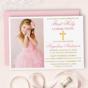Elegant First Heliga Communion Photo Rosa Guld Inbjudningar