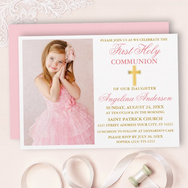 Elegant First Heliga Communion Photo Rosa Guld Inbjudningar (Customize to change text color,  size, style or to change color of back of card.)