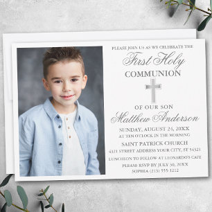 Elegant First Heliga Communion Photo Silver Inbjudningar
