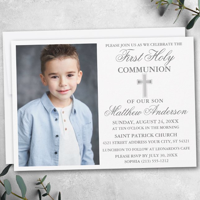Elegant First Heliga Communion Photo Silver Inbjudningar (Skapare uppladdad)