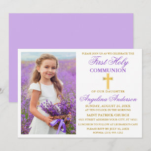 Elegant First Heliga Communion Photo Violet Guld Inbjudningar