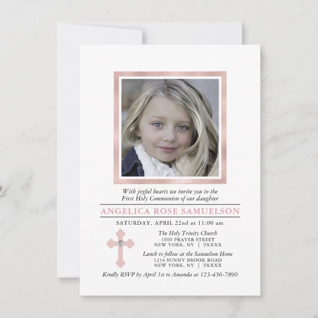 Elegant First Heliga COMMUNION Rosa Girl| FOTO Inbjudningar (Framsida)