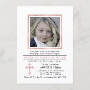 Elegant First Heliga COMMUNION Rosa Girl  FOTO Inbjudningar