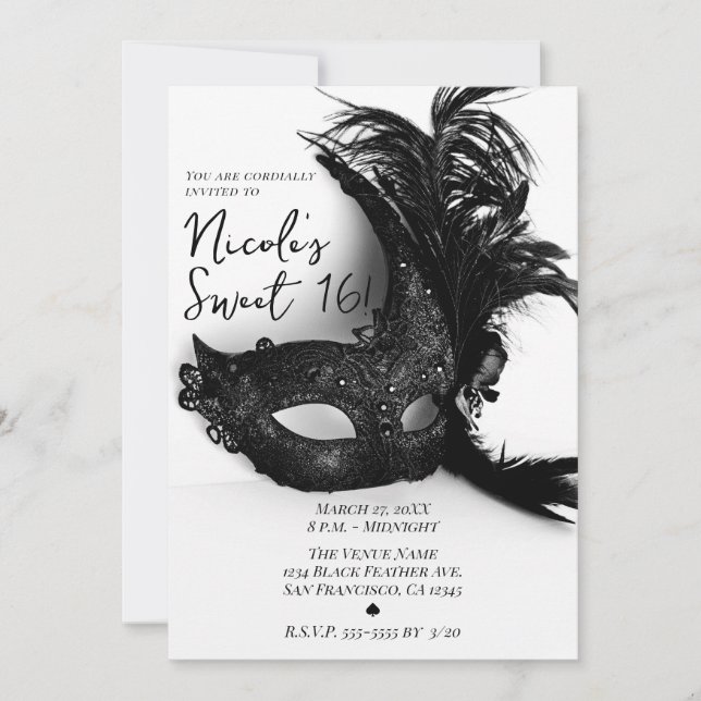 Elegant Fjäder Masquerade Svart & Vitt Sweet 16 Inbjudningar (Framsida)