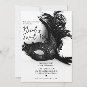 Elegant Fjäder Masquerade Svart & Vitt Sweet 16 Inbjudningar
