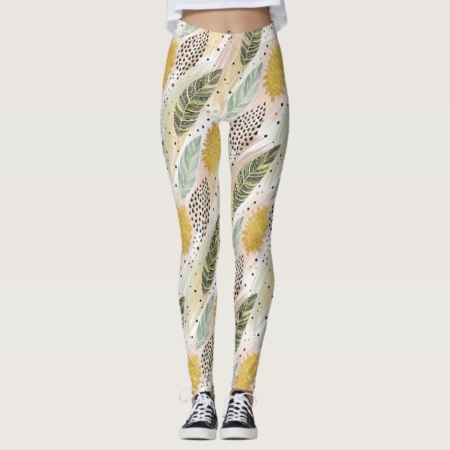 Elegant Fjäder och Abstrakt Brushstroke Sömlös Leggings (Framsida)