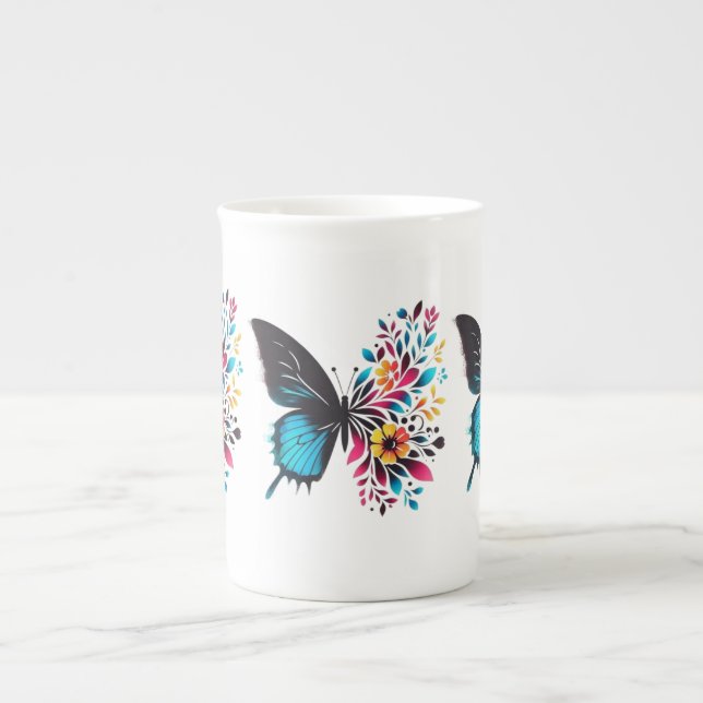 Elegant-fjäril och blommigt mugg benporslin mugg (Framsidan)