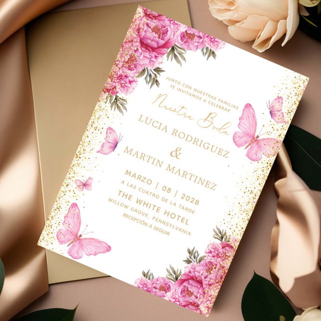 Elegant fjäril och blomster Nuestra Boda Inbjudningar (Skapare uppladdad)