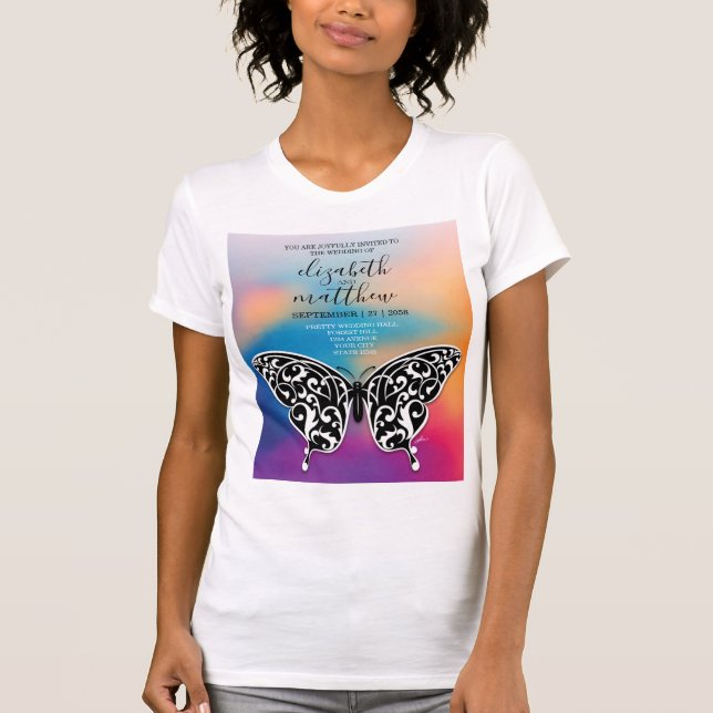 Elegant fjäril och solnedgångs inbjudan design t shirt (Framsida)