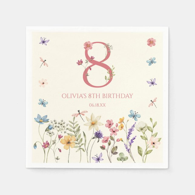Elegant fjärilsfest för vilda blommor 8-årsdag pappersservett (Framsidan)