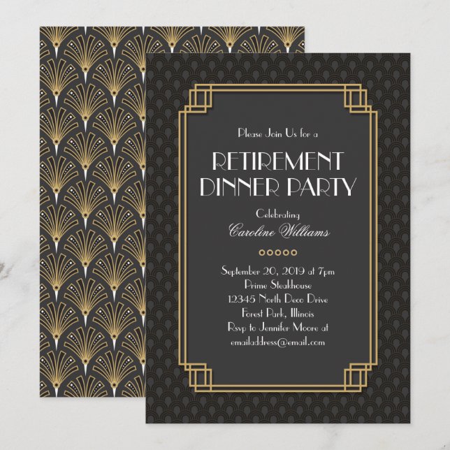 Elegant Fläkt Art Deco Pension Party Inbjudningar (Fram/baksida)