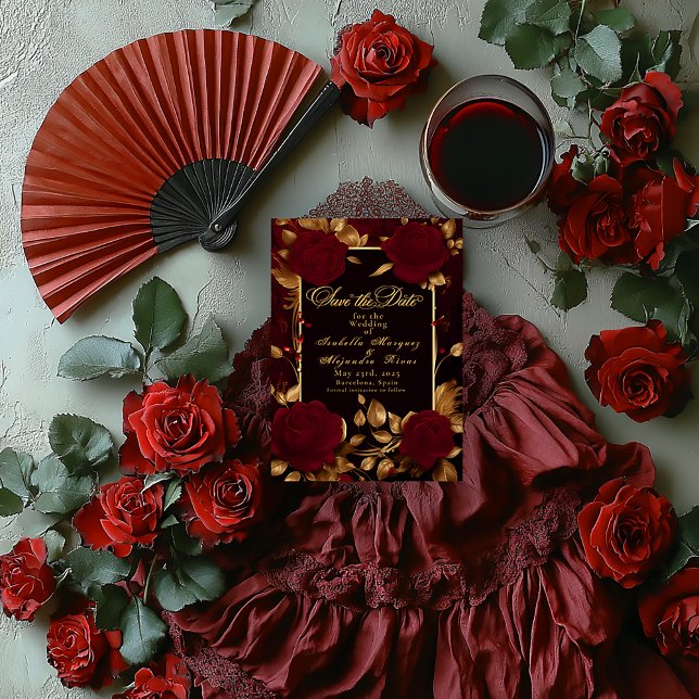 Elegant Flamenco Script Röd ros Spara Datumet (https://www.zazzle.com/elegant_flamenco_script_red_rose_save_the_date-256177387959209853)