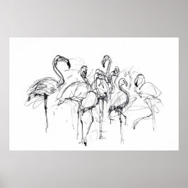 Elegant Flamingo Flock Sketch - Premium Poster