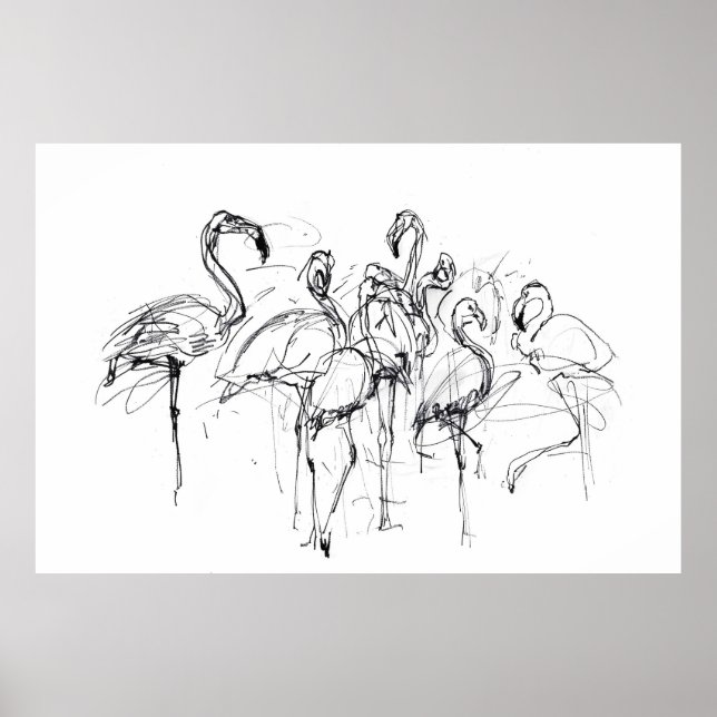 Elegant Flamingo Flock Sketch - Premium Poster (Framsidan)