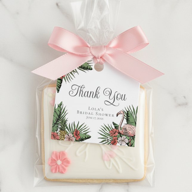 Elegant Flamingo & Hibiscus Dusch Tacksamhetsetike Gåvor Etiketter (Tropical Floral Pink Flamingo Bridal Shower Thank You Favor Tags. Elegant Hibiscus, Leaves & Foliage)
