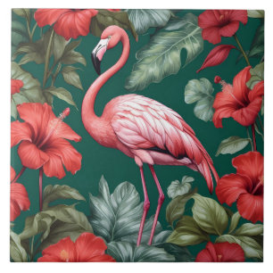 Elegant Flamingo Hibiscus Flowers Emerald Grönt Kakelplatta