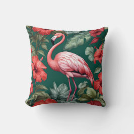 Elegant Flamingo Hibiscus Flowers Emerald Grönt Kudde