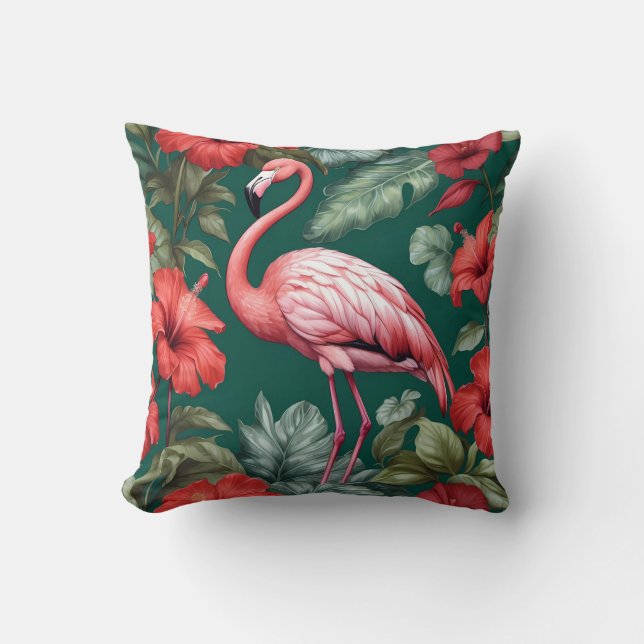 Elegant Flamingo Hibiscus Flowers Emerald Grönt Kudde (Framsida)