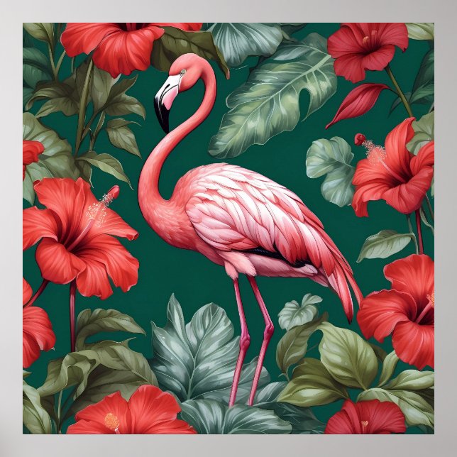 Elegant Flamingo Hibiscus Flowers Emerald Grönt Poster (Framsidan)