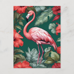 Elegant Flamingo Hibiscus Flowers Emerald Grönt Vykort