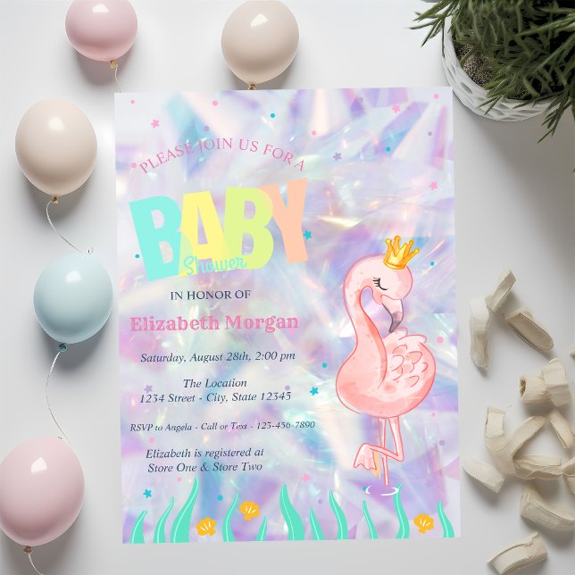 Elegant Flamingo Holografisk Babyfest Inbjudningar (Skapare uppladdad)