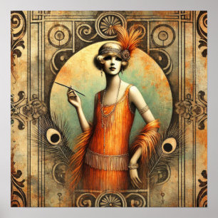 Elegant Flapper Dam i en Orange Dress, Art Deco Poster