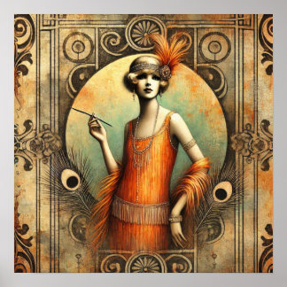 Elegant Flapper Dam i en Orange Dress, Art Deco Poster