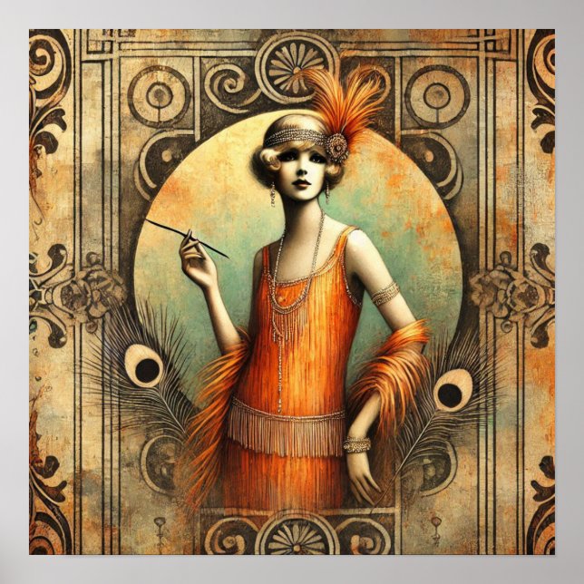 Elegant Flapper Dam i en Orange Dress, Art Deco Poster (Framsidan)