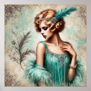 Elegant Flapper Dam i en Turquis Dress, 1920-talet Poster