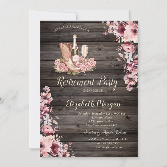 Elegant flaska, glas, stövlar Blommig pension Inbjudningar (Framsida)