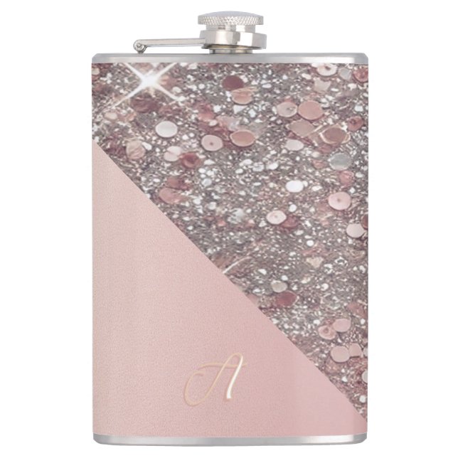 Elegant flaska med roséguldmonogram och vinylöverd fickplunta (Framsidan)