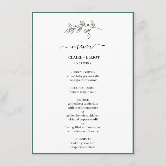 Elegant Flat Modern Botanical Grönt Weddin Meny (Framsida)