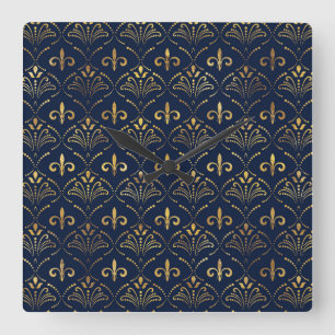 Elegant Fleur-de-lis mönster - Guld och djupt bl Fyrkantig Klocka