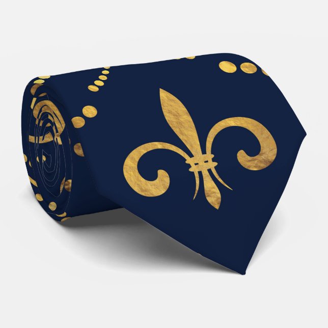 Elegant Fleur-de-lis mönster - Guld och djupt blåt Slips (Rullad)