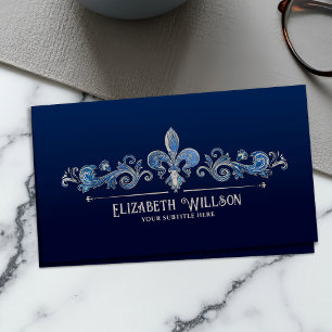 Elegant Fleur-de-lis Pearl och Blue marble Visitkort