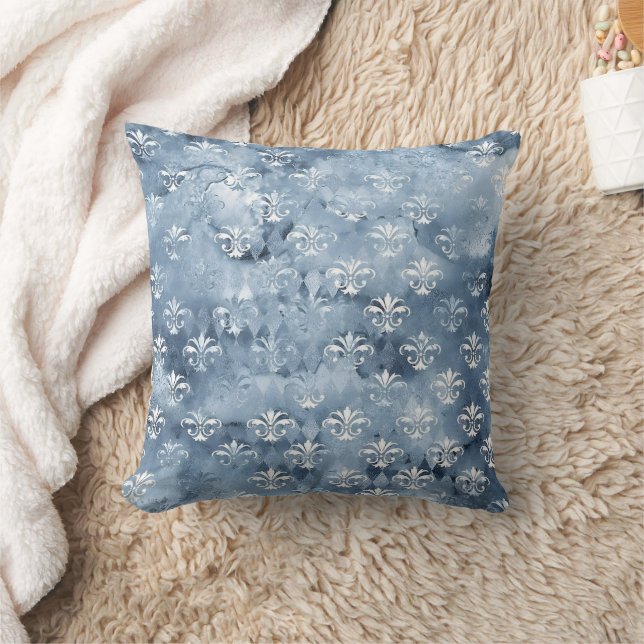 Elegant Fleur-de-Lis - Vintage Blue Fransk Kudde (Filt)