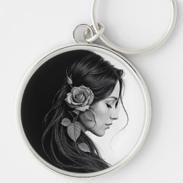 Elegant flicka med blomma i hårmodern bra rund silverfärgad nyckelring